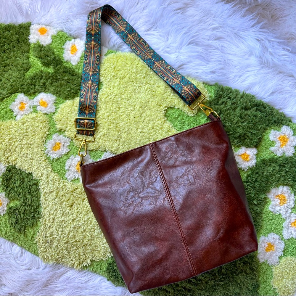 Francesca’s Collections • Boho Guitar Strap Brown Faux Leather Shoulder Bag